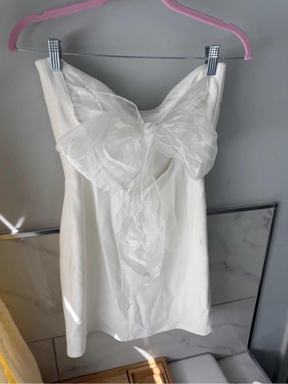 Lucy in the Sky white mini dress with mesh bow